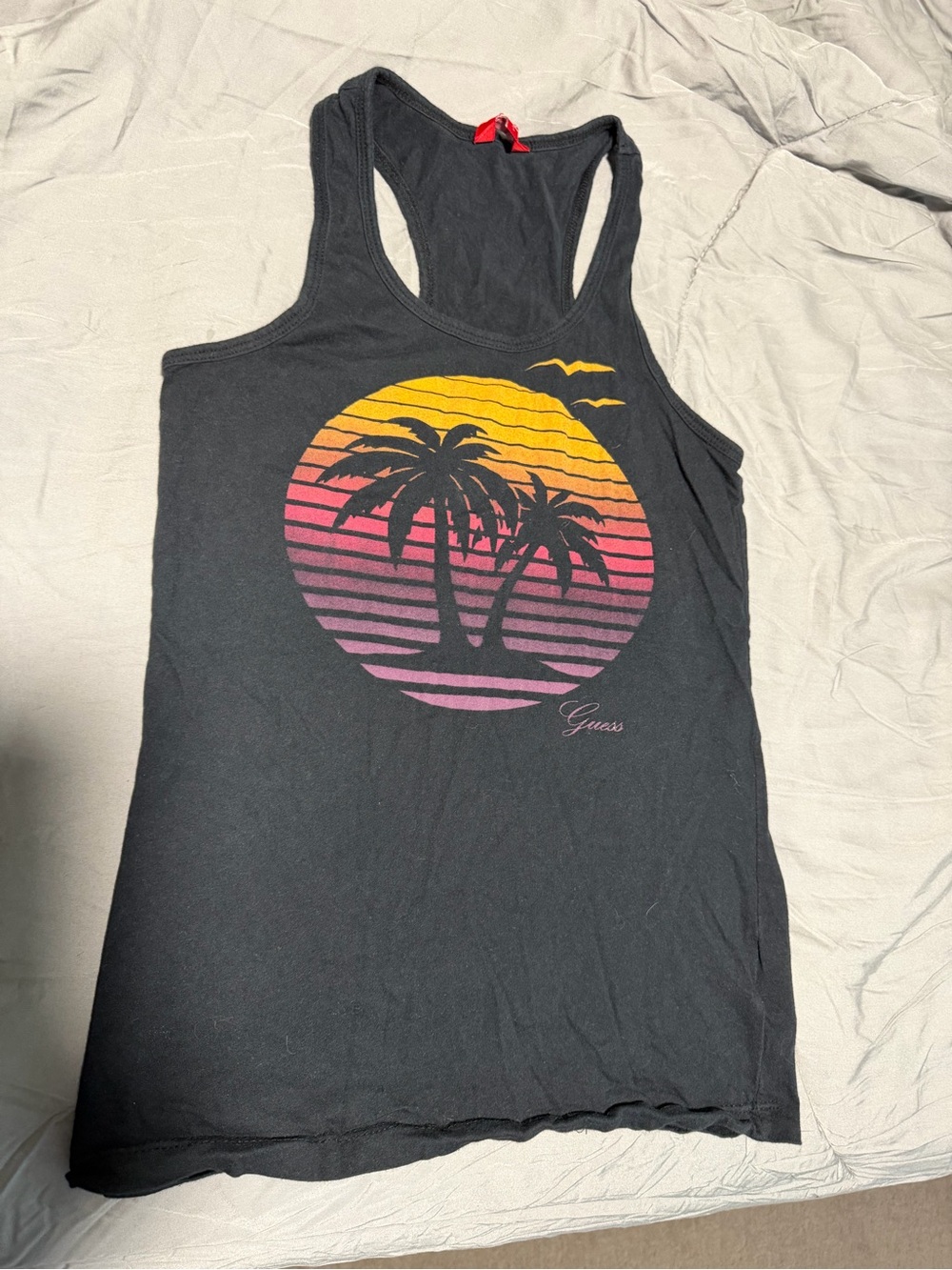 Guess Black Racerback Tank with Sunset Palm Circle